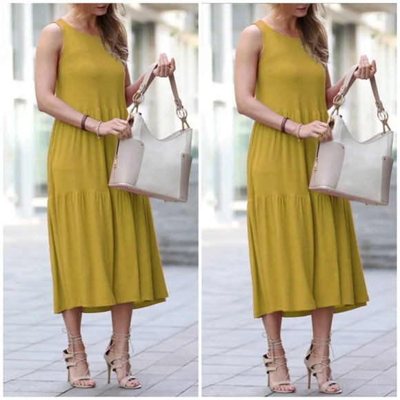 Olive Mustard Amazing Soft Oversized Tiered Midi Dress - Picture 3 of 6